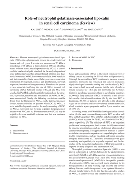 Role of Neutrophil Gelatinase‑Associated Lipocalin in Renal Cell Carcinoma (Review)