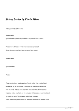 Sidney Lanier by Edwin Mims&lt;/H1&gt;