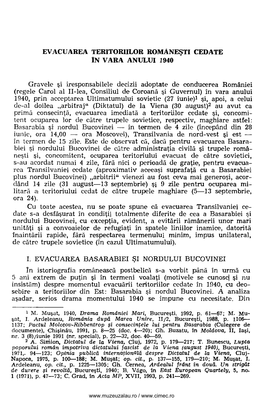 EVACUAREA TERITORIILOR ROMANEŞTI CEDATE in VARA ANULUI 1940 Gravele Şi Iresponsabilele Decizii Adoptate De Conducerea Românie