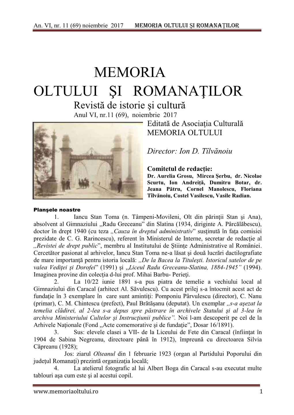 Revista Memoria Oltului Si Romanatilor Nr. 69/Noiembrie 2017