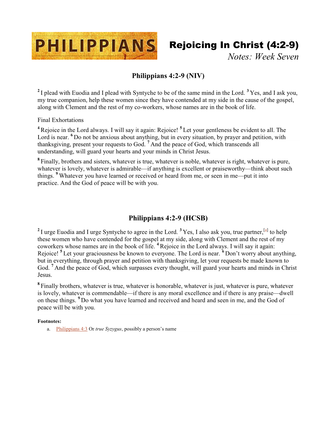 Rejoicing in Christ (4:2-9) Notes: Week Seven