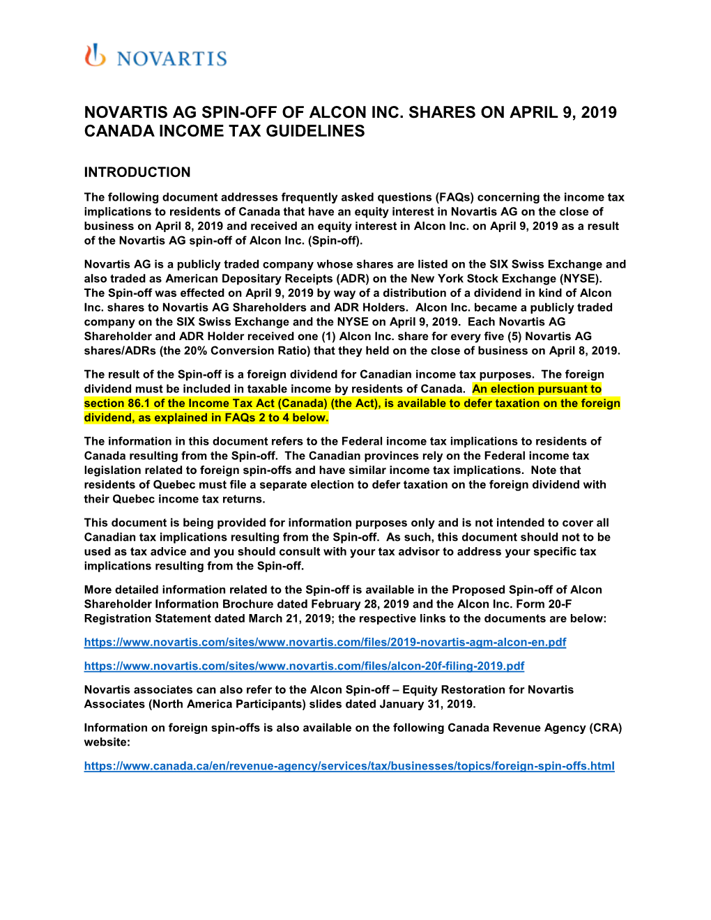 Novartis Ag Spin-Off of Alcon Inc. Shares on April 9, 2019 Canada Income Tax Guidelines