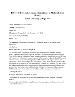 HIST 4414F: Secrets, Spies and Surveillance in Modern British History Huron University College 2018