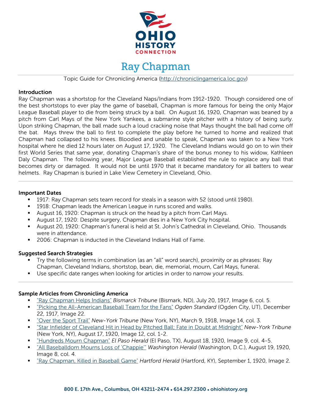 Ray Chapman Topic Guide for Chronicling America (