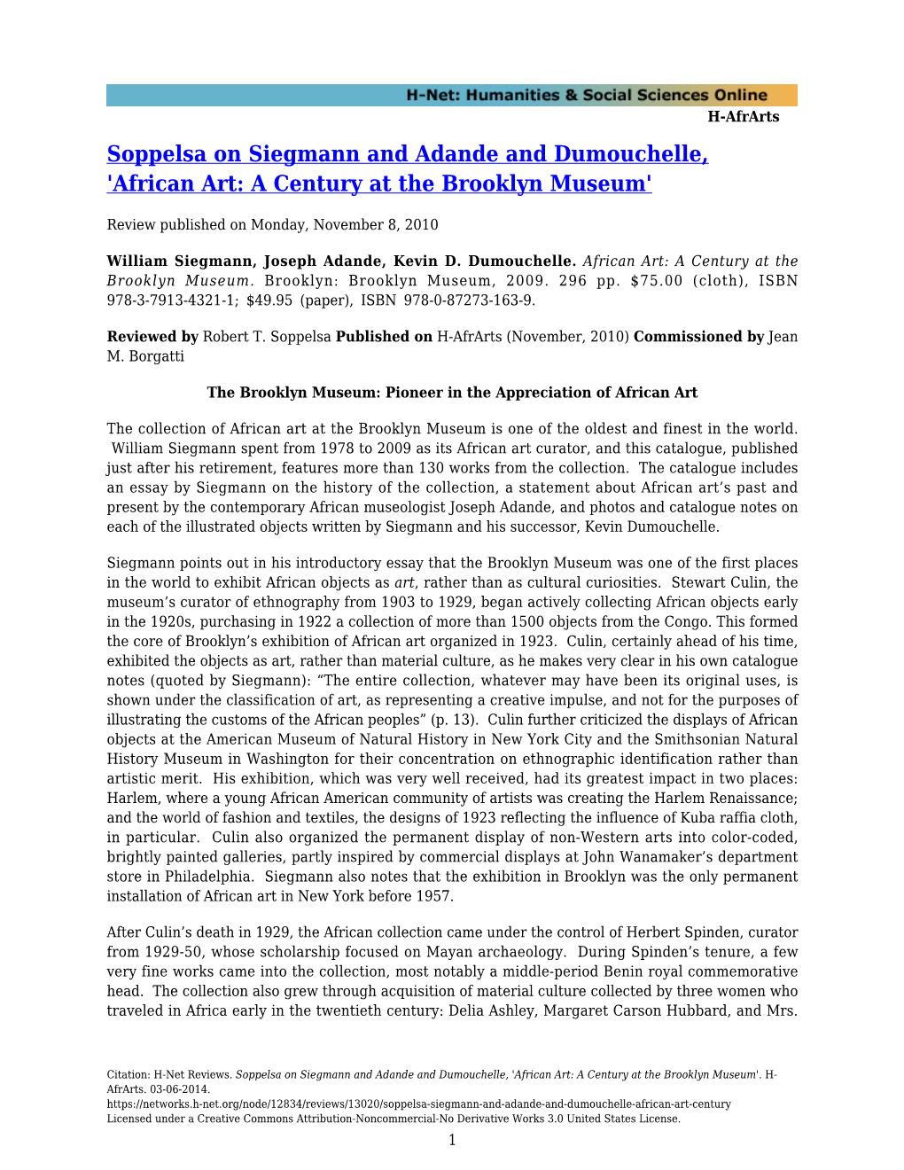 Soppelsa on Siegmann and Adande and Dumouchelle, 'African Art: a Century at the Brooklyn Museum'