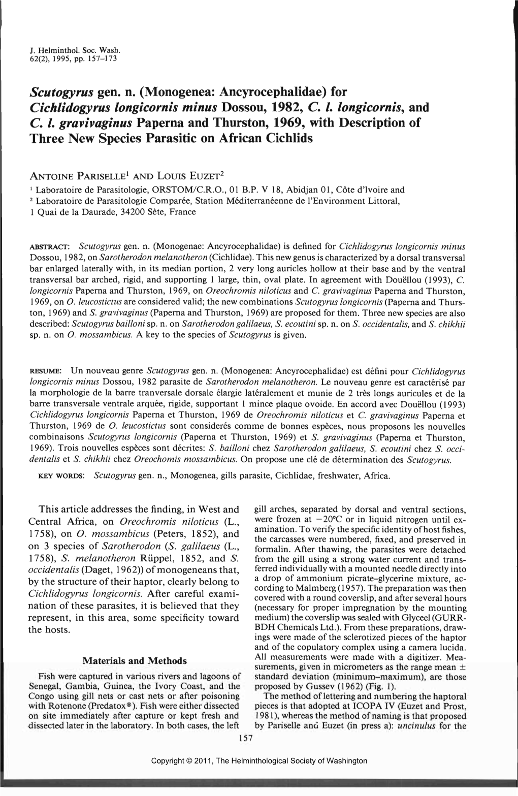 Monogenea: Ancyrocephalidae) for Cichlidogyrus Longicornis Minus Dossou, 1982, C