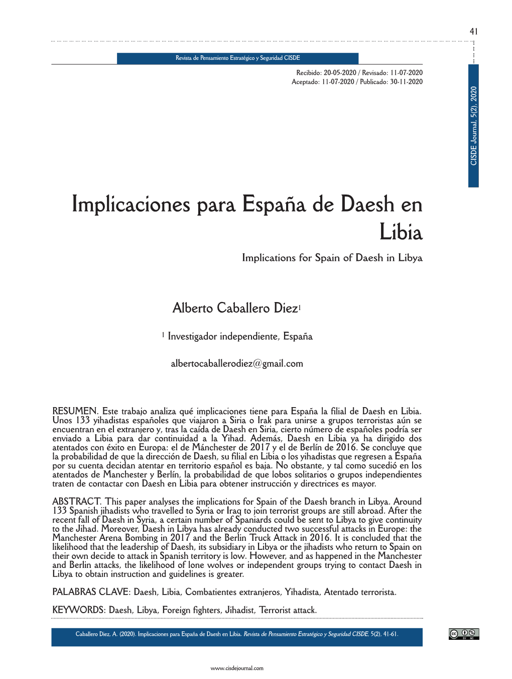 Implicaciones Para España De Daesh En Libia Implications for Spain of Daesh in Libya