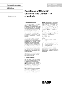 Resistance of Ultramid , Ultraform and Ultradur to Chemicals