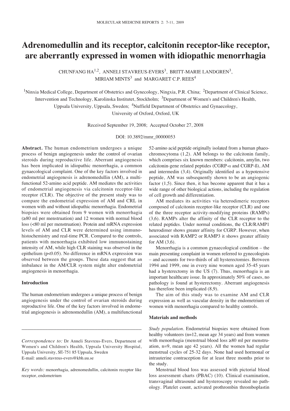 Adrenomedullin and Its Receptor, Calcitonin Receptor-Like Receptor, Are Aberrantly Expressed in Women with Idiopathic Menorrhagia