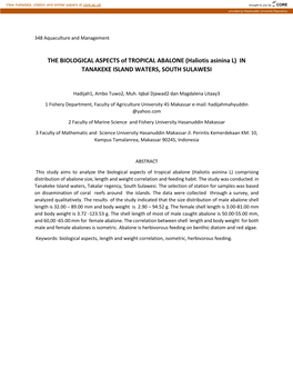 THE BIOLOGICAL ASPECTS of TROPICAL ABALONE (Haliotis Asinina L) in TANAKEKE ISLAND WATERS, SOUTH SULAWESI