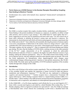 Ferric Heme As a CO/NO Sensor in the Nuclear Receptor Reverbβ by Coupling 2 Gas Binding to Electron Transfer 3 Anindita Sarkar1, Eric L