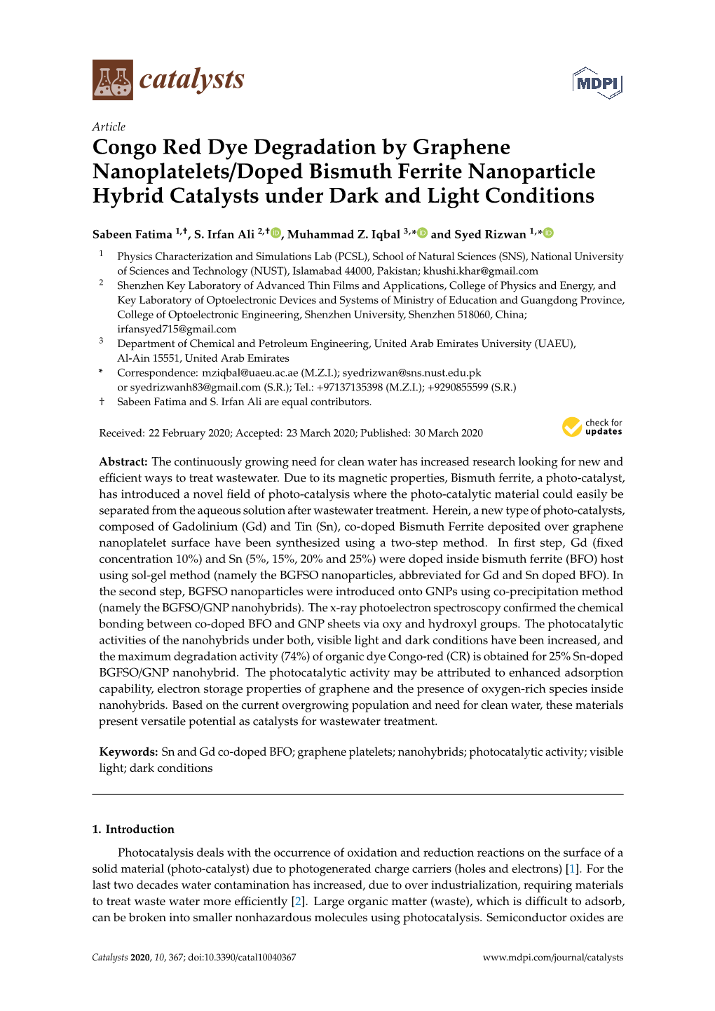 Congo Red Dye Degradation by Graphene Nanoplatelets/Doped Bismuth Ferrite Nanoparticle Hybrid Catalysts Under Dark and Light Conditions