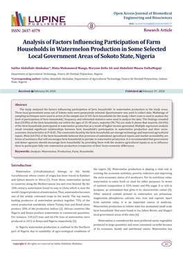 Analysis of Factors Influencing Participation of Farm Households in Watermelon Production in Some Selected Local Government Areas of Sokoto State, Nigeria