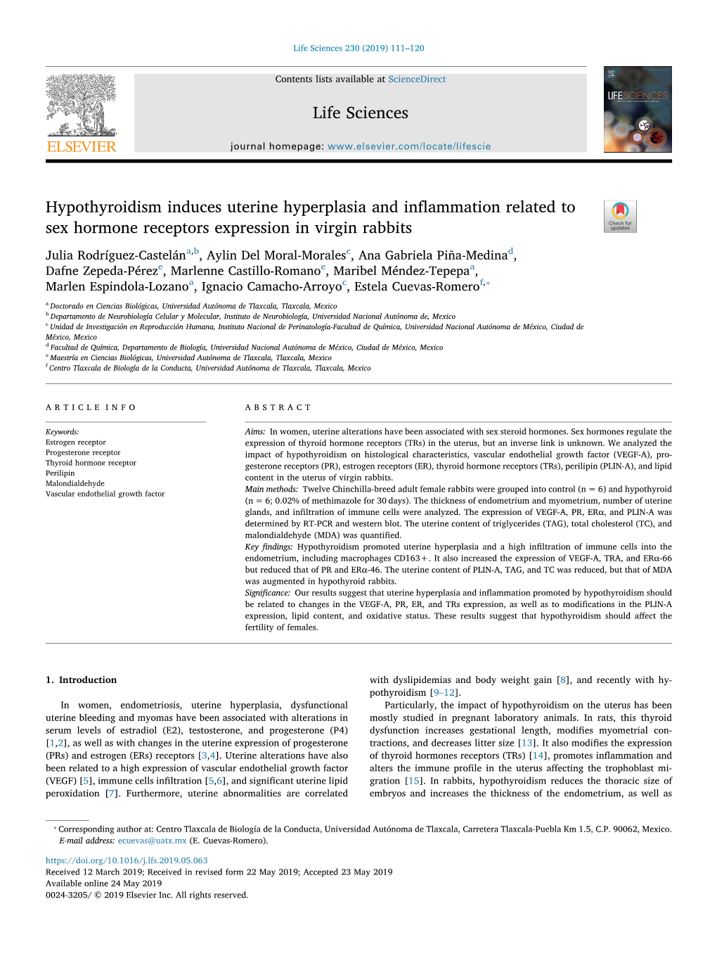 Hypothyroidism Induces Uterine Hyperplasia and Inflammation Related to Sex Hormone Receptors Expression in Virgin Rabbits