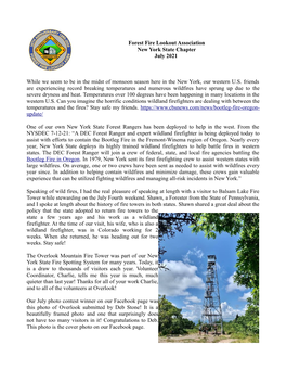 Forest Fire Lookout Association New York State Chapter July 2021 While
