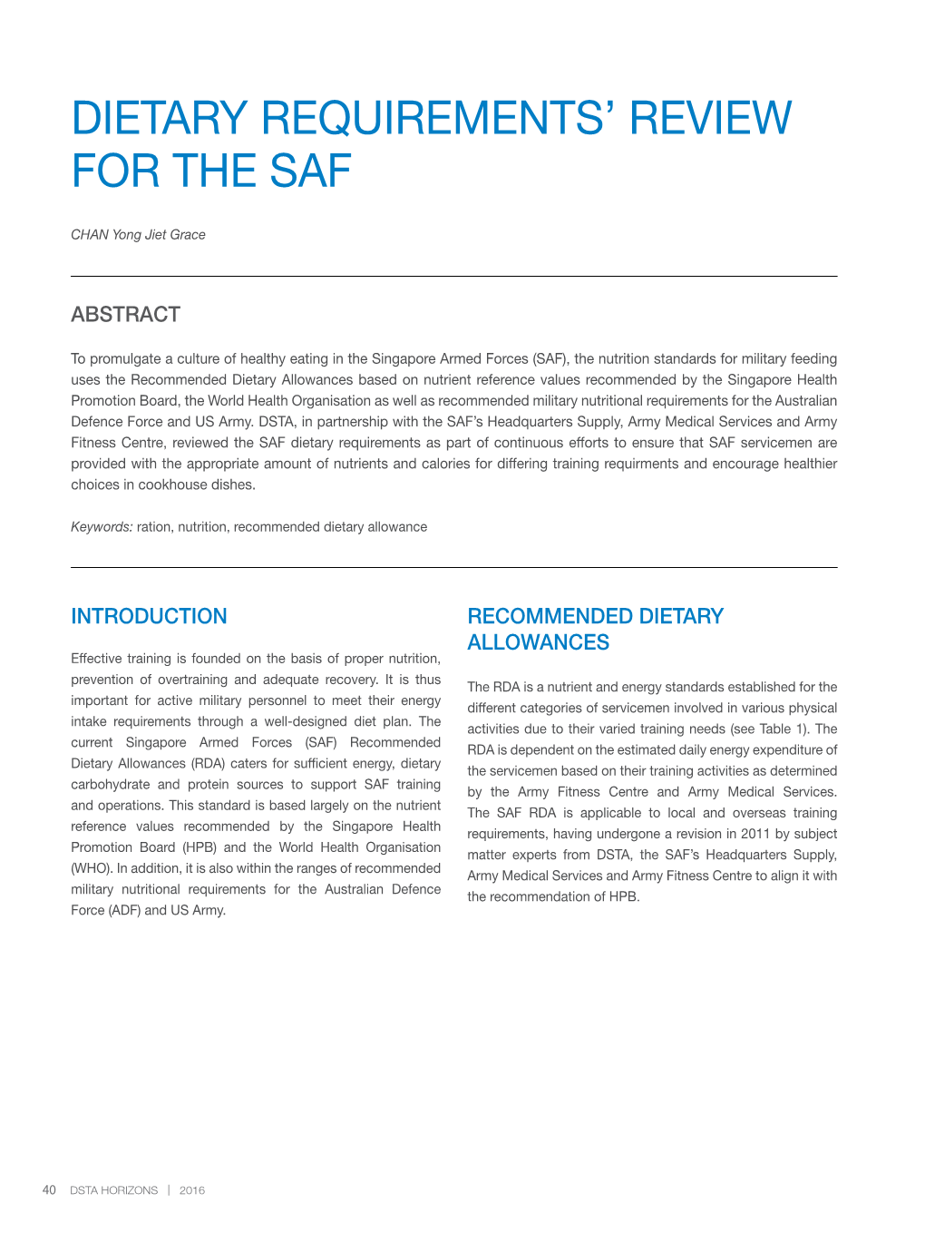 Dietary Requirements' Review for The