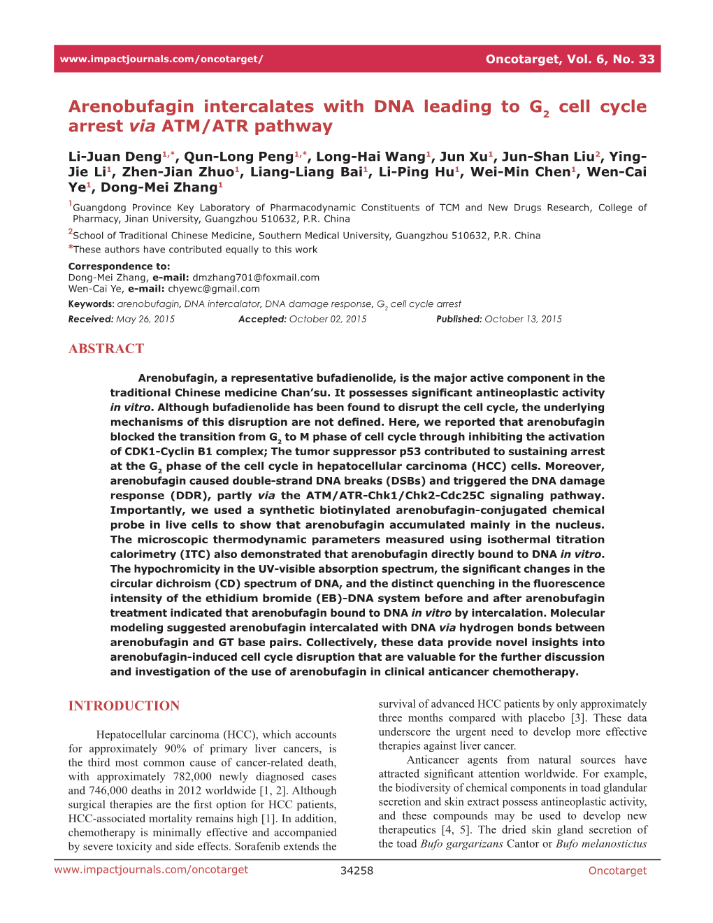 Arenobufagin Intercalates with DNA Leading to G Cell Cycle Arrest Via