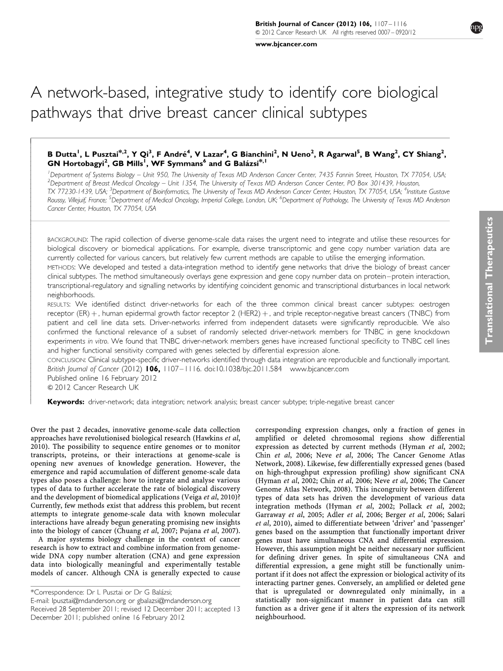 A Network-Based, Integrative Study to Identify Core Biological Pathways That Drive Breast Cancer Clinical Subtypes