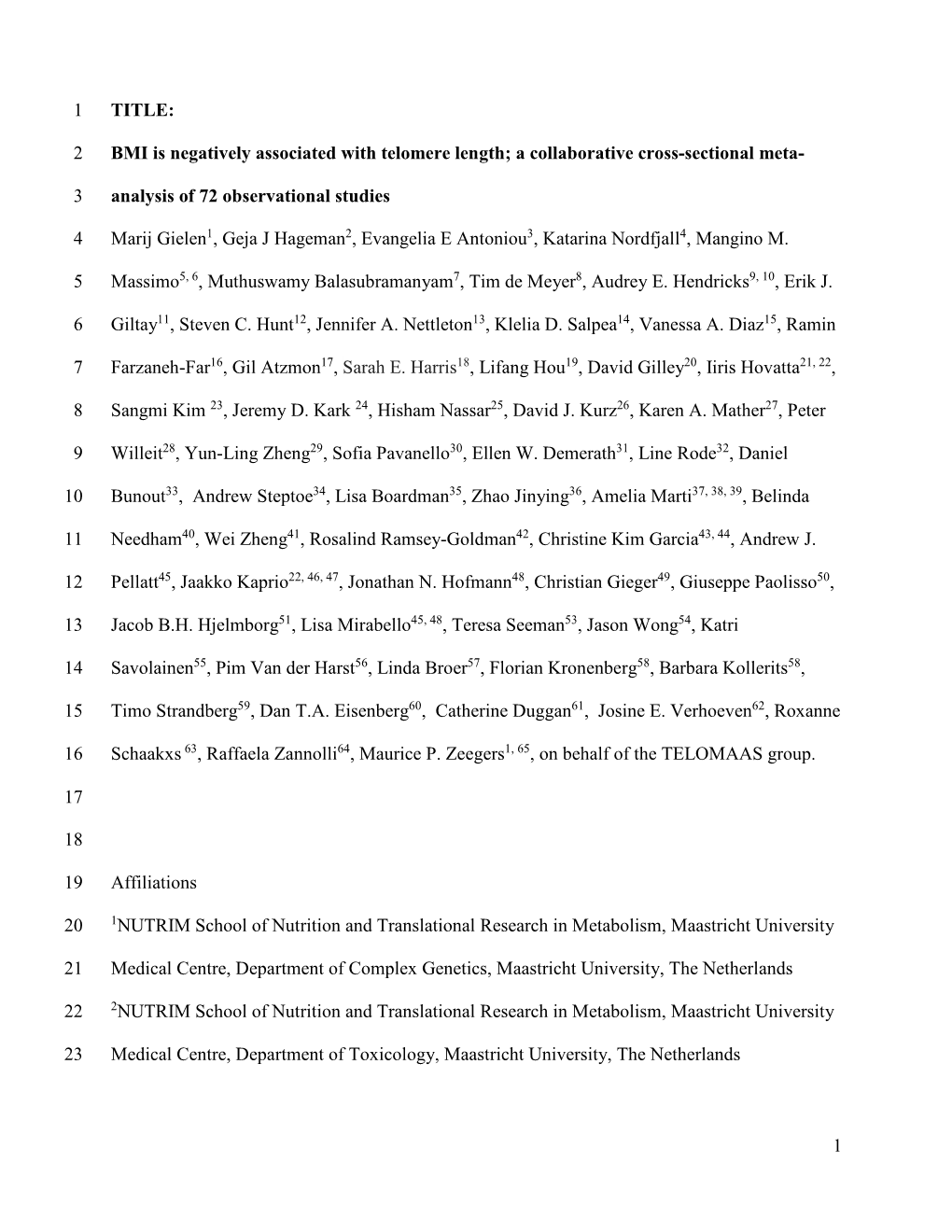 1 TITLE: 1 BMI Is Negatively Associated with Telomere Length