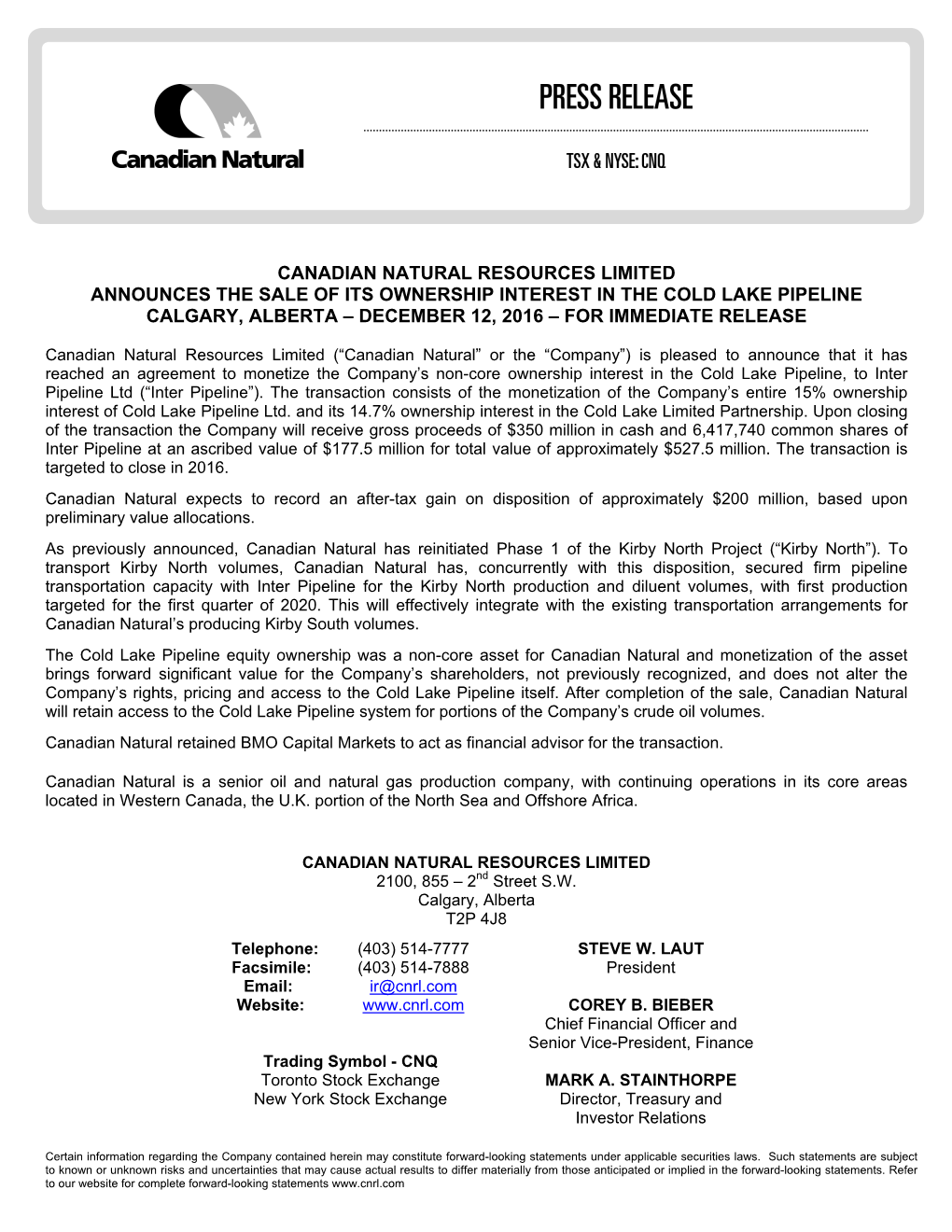 Canadian Natural Resources Limited Announces the Sale