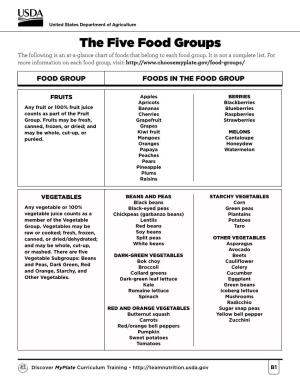 The Five Food Groups the Following Is an At-A-Glance Chart of Foods That Belong to Each Food Group