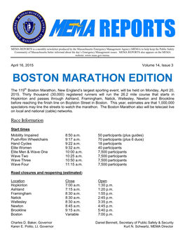 BOSTON MARATHON EDITION the 119Th Boston Marathon, New England’S Largest Sporting Event, Will Be Held on Monday, April 20, 2015