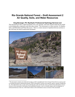 Rio Grande National Forest – Draft Assessment 2 Air Quality, Soils, and Water Resources