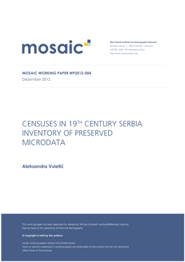 Censuses in 19Th Century Serbia Inventory of Preserved Microdata