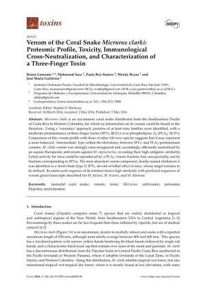 Venom of the Coral Snake Micrurus Clarki: Proteomic Proﬁle, Toxicity, Immunological Cross-Neutralization, and Characterization of a Three-Finger Toxin