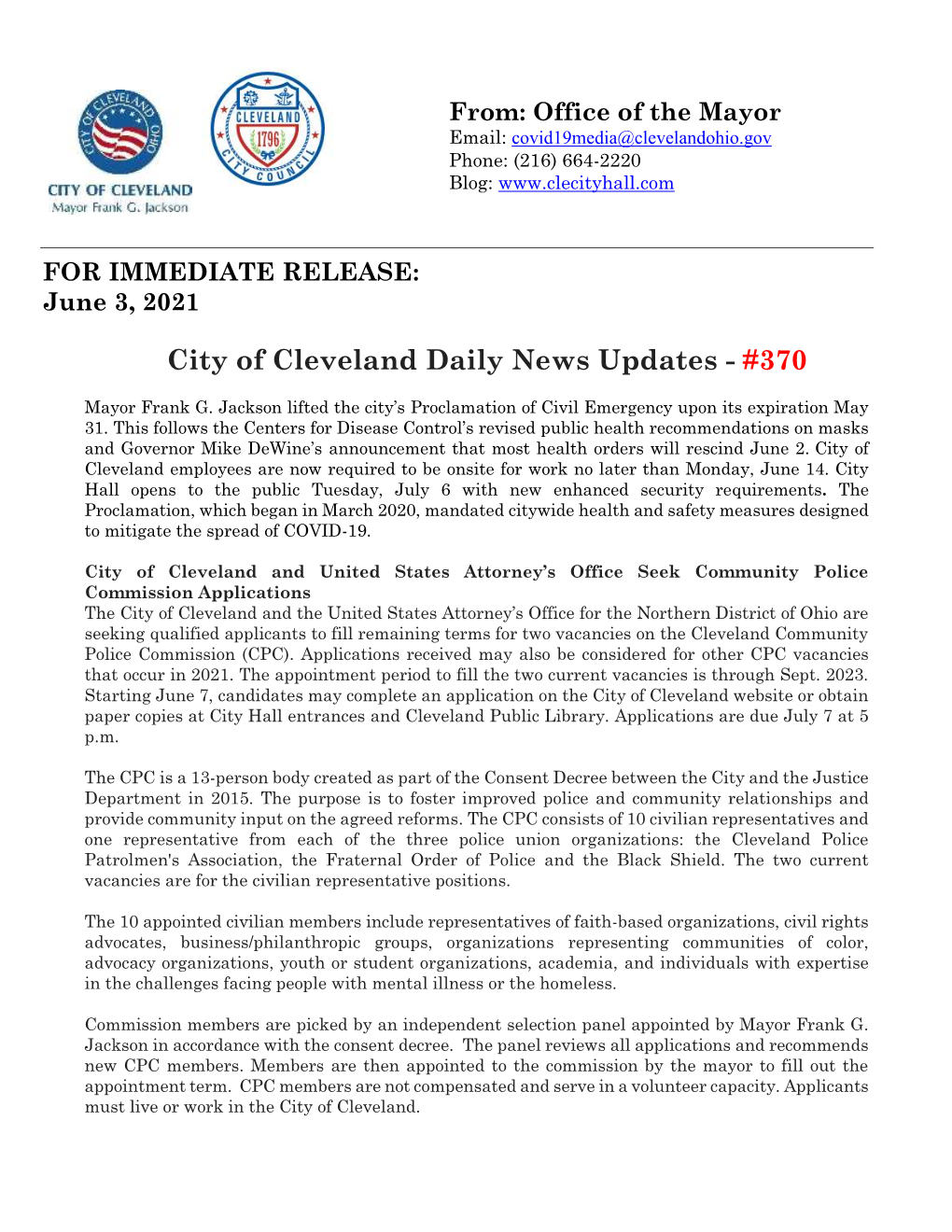 City of Cleveland Daily News Updates - #370