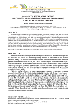 OBSERVATION REPORT of the ENDEMIC CHESTNUT-BELLIED HILL-PARTRIDGE (Arborophila Javanica Lawuana) in TAHURA RADEN SOERJO, EAST JAVA