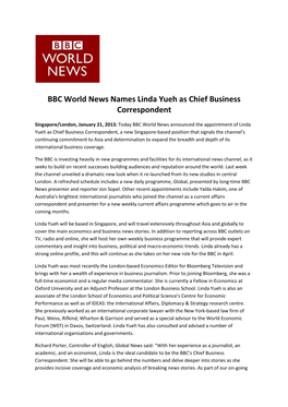 BBC World News Names Linda Yueh As Chief Business Correspondent