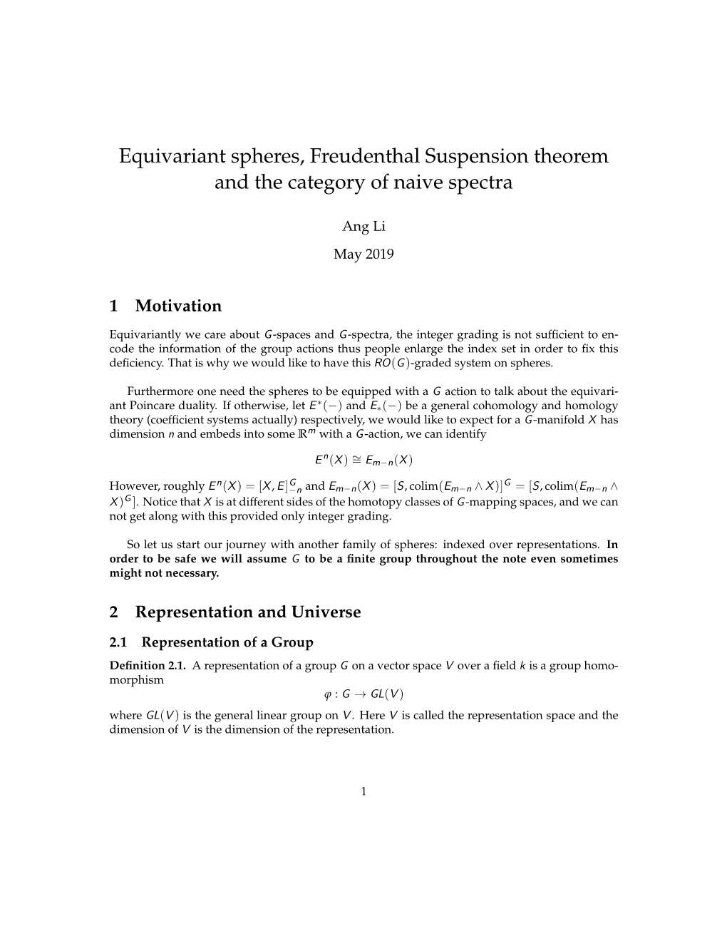 Equivariant Spheres, Freudenthal Suspension Theorem and the Category of Naive Spectra