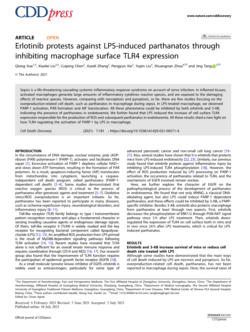 Erlotinib Protests Against LPS-Induced Parthanatos Through