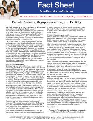 Female Cancers, Cryopreservation and Fertility