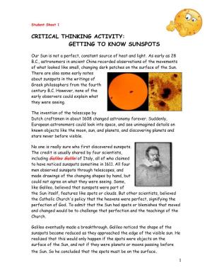 Critical Thinking Activity: Getting to Know Sunspots