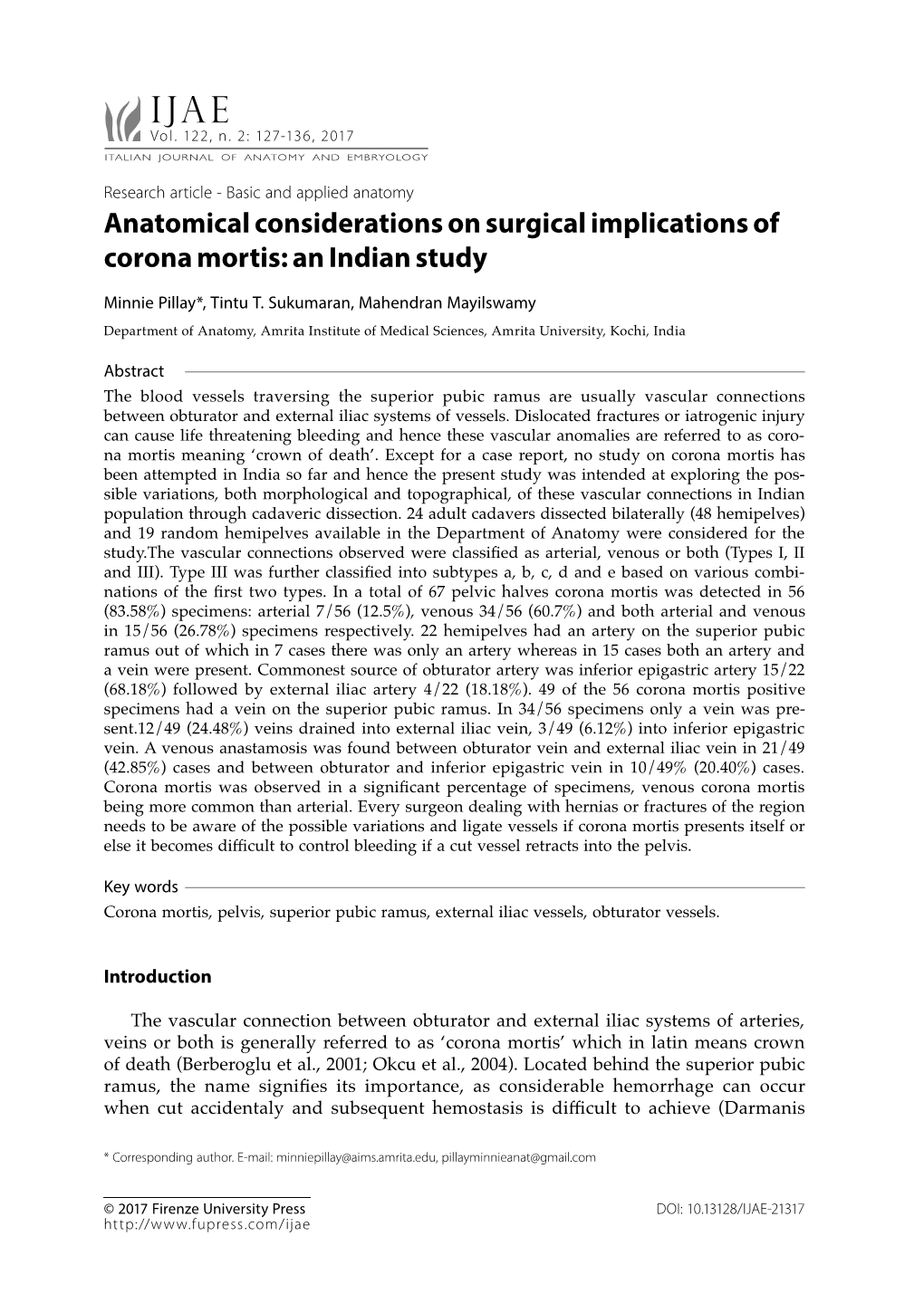 Anatomical Considerations on Surgical Implications of Corona Mortis: an Indian Study