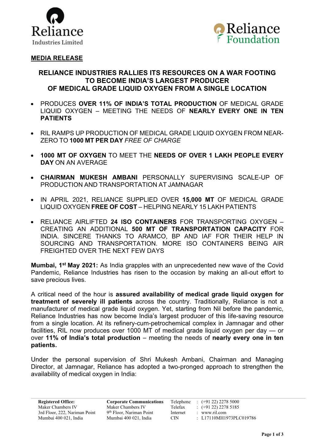 Reliance Industries Rallies Its Resources on a War Footing to Become India’S Largest Producer of Medical Grade Liquid Oxygen from a Single Location