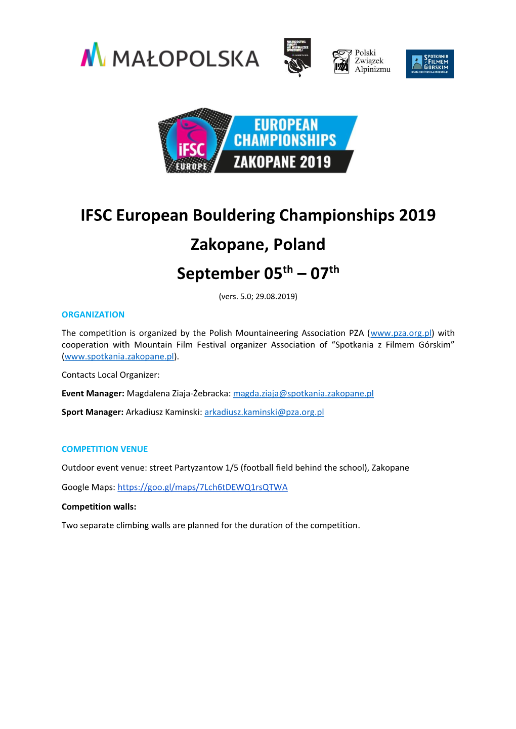 IFSC European Bouldering Championships 2019 Zakopane, Poland September 05Th – 07Th