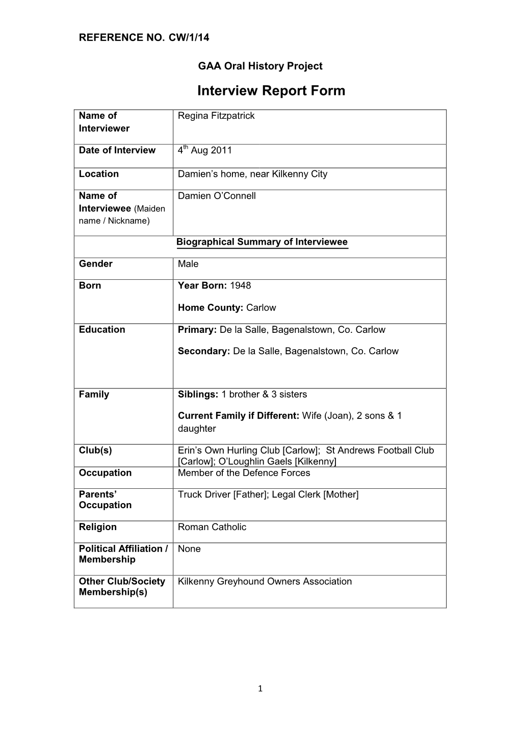 GAA Oral History Project Interview Report Form