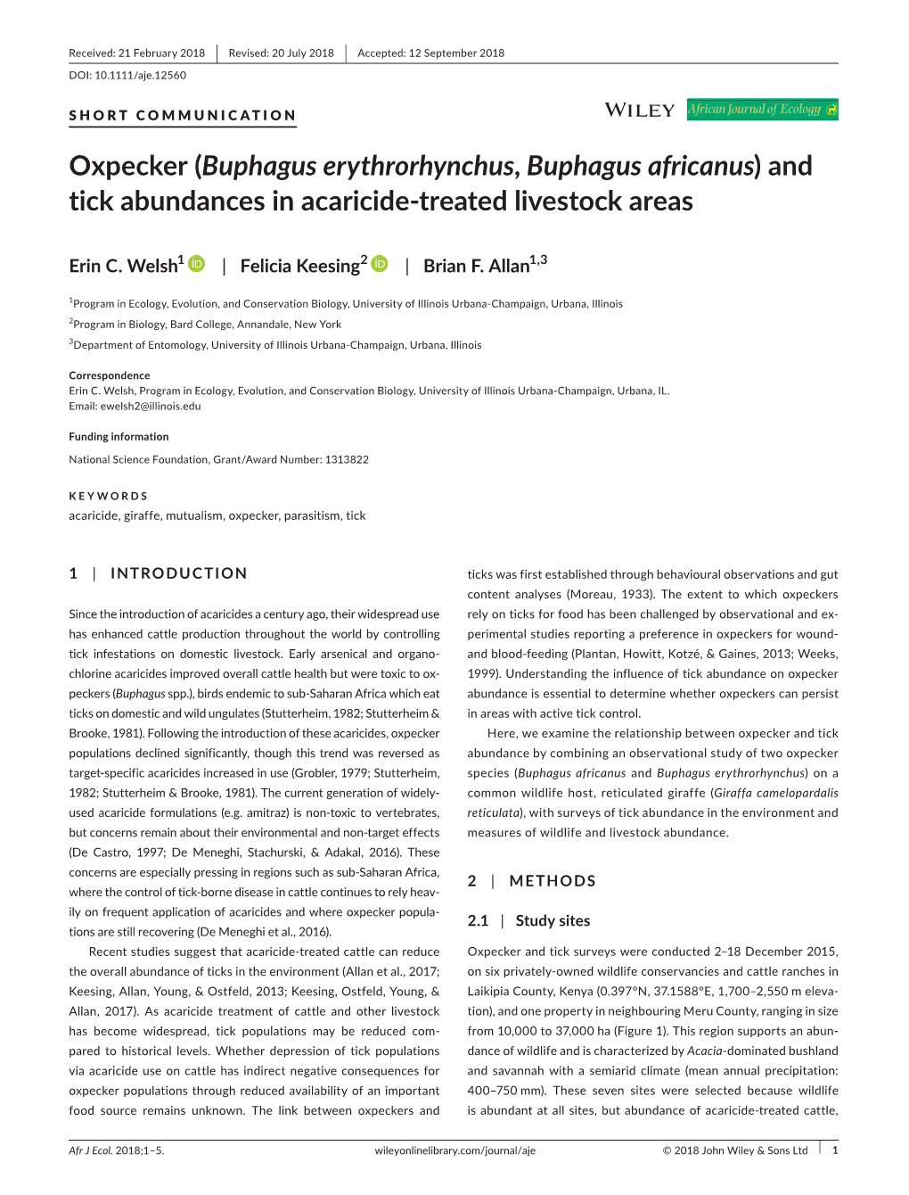 Oxpecker (Buphagus Erythrorhynchus, Buphagus Africanus) and Tick Abundances in Acaricide‐Treated Livestock Areas