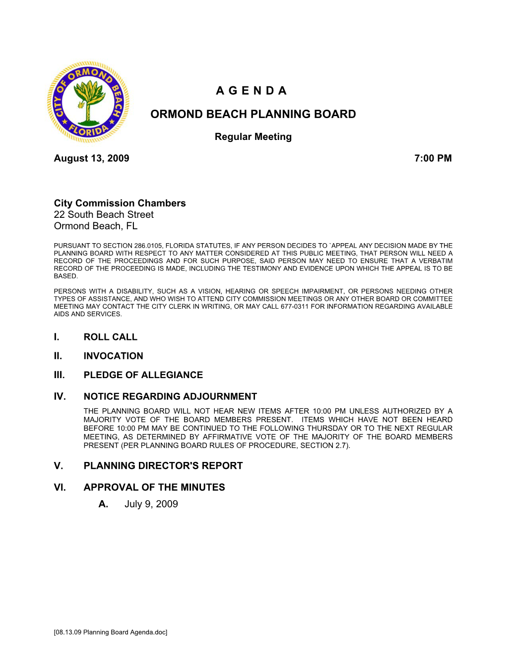 Agenda Ormond Beach Planning Board