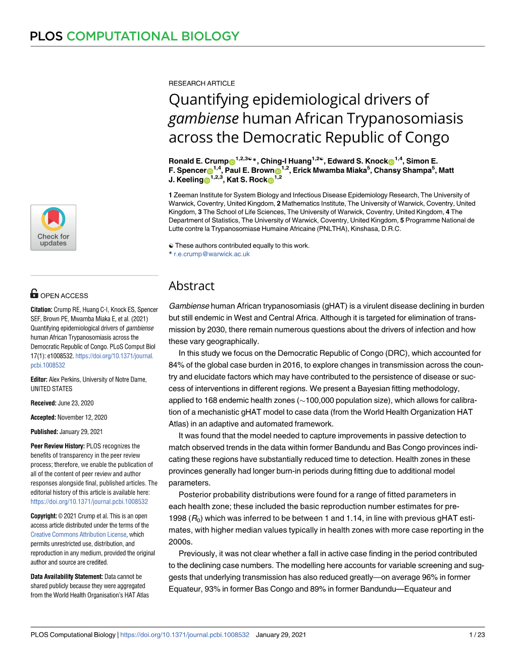 Quantifying Epidemiological Drivers of Gambiense Human African Trypanosomiasis Across the Democratic Republic of Congo