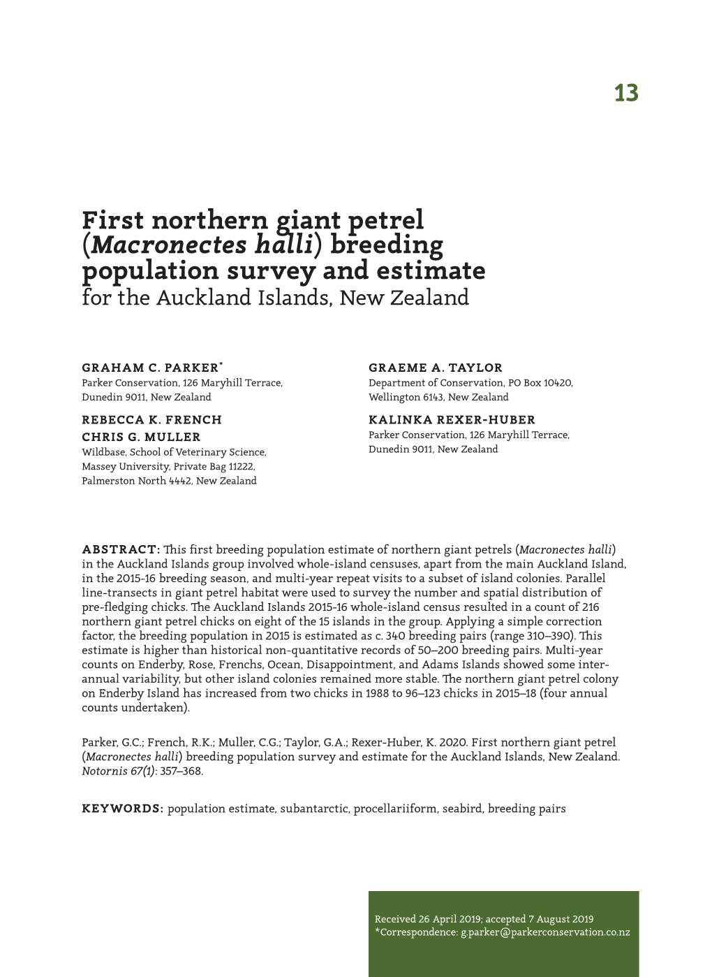 First Northern Giant Petrel (Macronectes Halli) Breeding Population Survey and Estimate for the Auckland Islands, New Zealand