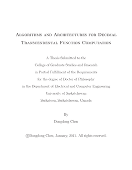 Algorithms and Architectures for Decimal Transcendental Function Computation