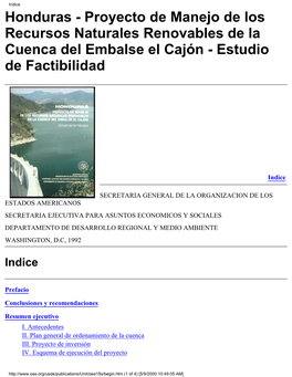 Honduras - Proyecto De Manejo De Los Recursos Naturales Renovables De La Cuenca Del Embalse El Cajón - Estudio De Factibilidad