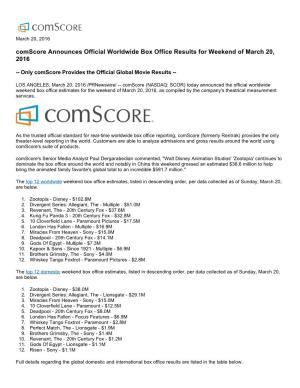 Comscore Announces Official Worldwide Box Office Results for Weekend of March 20, 2016
