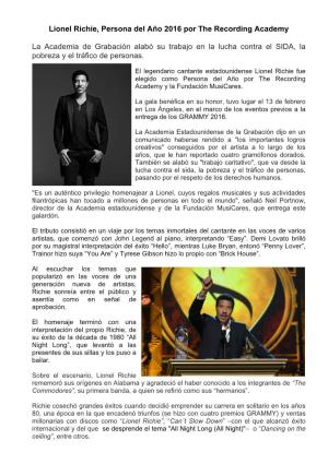 Lionel Richie, Persona Del Año 2016 Por the Recording Academy La Academia De Grabación Alabó Su Trabajo En La Lucha Contra El