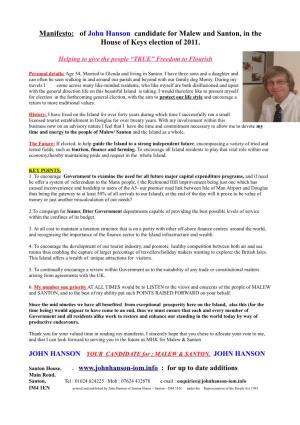 Manifesto: of John Hanson Candidate for Malew and Santon, in the House of Keys Election of 2011