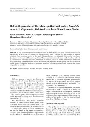 Original Papers Helminth Parasites of the White-Spotted Wall Gecko